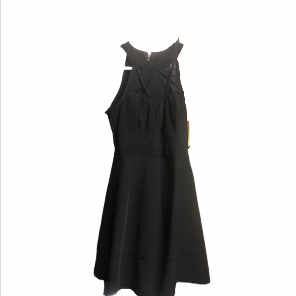 Windsor A line mesh cleavage halter dress in black